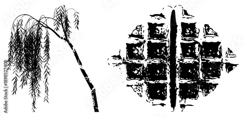 Black and white vector art of weeping willow tree and stone wall mirrored in water, stylized silhouette, nature scene, graphic design element.