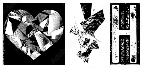 Fragmented heart shape with halftone textures, abstract angular forms, stylized letter H, vector design, graphic art elements.