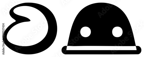 Minimalist vector with bold black strokes, curved loop shape and dome with eye holes, flat design, graphic elements, isolated symbols.
