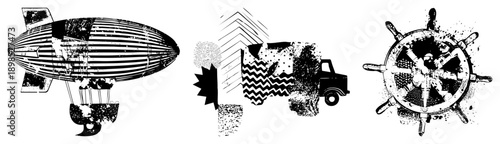 Retro styled airship, zigzag truck, and weathered ship wheel, halftone texture, vector, isolated design elements.