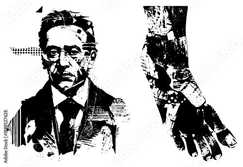 Graphic illustration of a man in suit with fragmented halftone textures, paired with abstract hand motif, vector art, design, artistic composition.