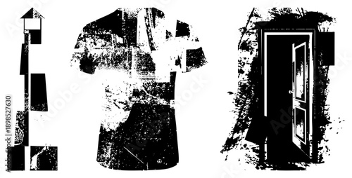 Distressed black and white vector lighthouse, t shirt with abstract print, open door. Urban street art style, halftone texture, isolated elements for design use.