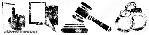 Digital communication symbols, legal, protest gestures, justice tools, protest signs, courtroom items, law enforcement gear.