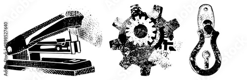 Classic office stapler, mechanical gear, metal hook halftone vector illustrations, retro industrial design, office tools, mechanical elements, stylized black and white.