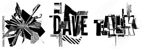 Distressed typographic design featuring “DAVE TALK” with fragmented textures, halftone, and sharp geometric. Urban stencil style, graphic art, vector logo concept.