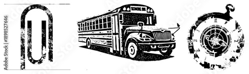 Retro styled school bus, classic paperclip, ornate clock face, vector, distressed texture, graphic design elements.