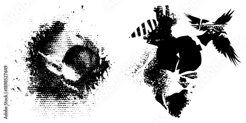 Stylized black vector silhouettes with halftone grit, abstract human faces and winged birds, urban art, stencil graffiti, graphic design.