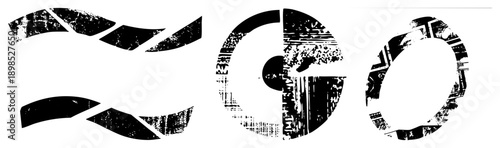 Bold black shapes with gritty texture, fragmented forms, stylized vector, graphic design elements, digital art motifs.