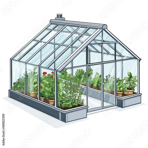 Stylish modern greenhouse with vibrant plants