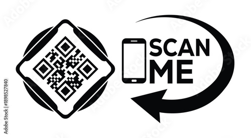 Black and white QR code with bold "SCAN ME" text, smartphone icon, and curved arrow—ideal for mobile interaction, digital marketing, and tech-themed promotional materials.