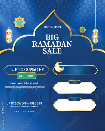 Islamic Ramadan banner in blue with mosque dome frame, shining gold lanterns, and star ornaments, ideal for special holiday offers, discounts, and spiritual seasonal marketing campaigns.