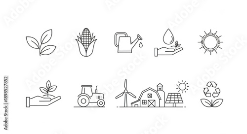 Collection of agricultural and environmental icons in line art style.