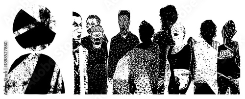 Stylized group of anonymous figures in black and white, halftone dot, geometric mask overlay, vector art, urban anonymity, crowd scene.