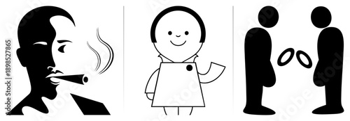 Black silhouette of man smoking cigar, smiling chef in apron, two figures exchanging rings minimalist vector for wedding, dining, or lifestyle themes.