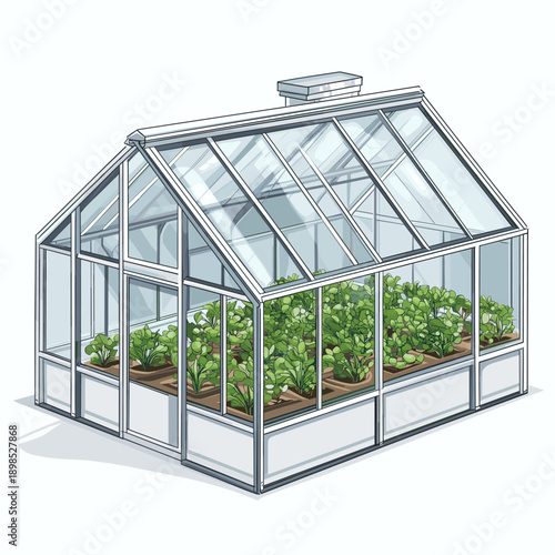 Stylish modern greenhouse with vibrant plants
