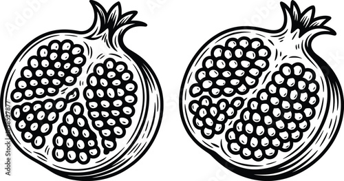 Pomegranate Fruit Halves Black and White Line Art Illustration.