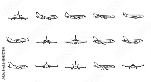 Collection of Airplane Icons in Different Views and Styles.
