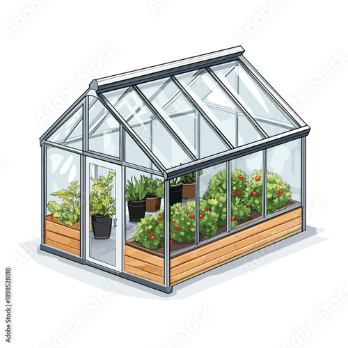 Stylish modern greenhouse with vibrant plants