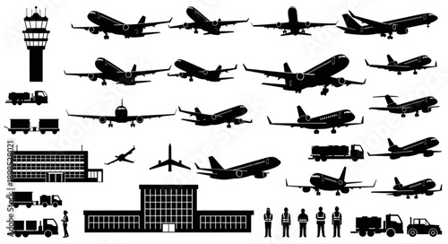Collection of Airplane Silhouettes and Airport Elements.