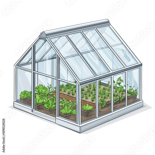 Stylish modern greenhouse with vibrant plants