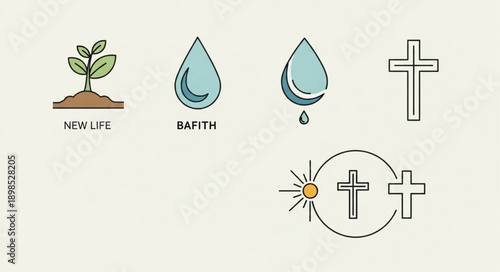 Christianity symbols growth water and cross icons.