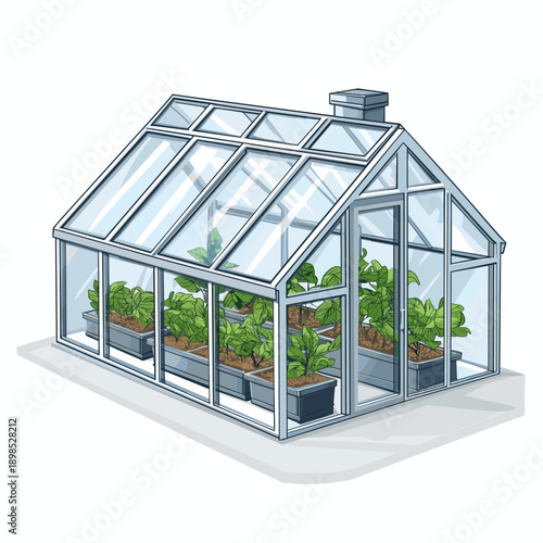 Stylish modern greenhouse with vibrant plants