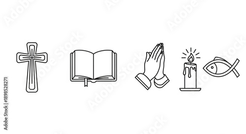 Christianity symbols line art icons cross bible praying hands candle fish.