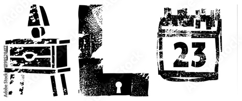 Retro style safe with keyhole, wooden chair with armrests, calendar showing date 23, all in gritty halftone style, vector.