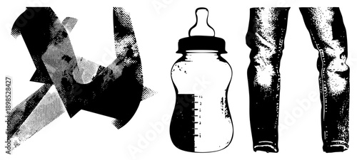 Black and white halftone graphic featuring baby bottle, abstract shapes, denim jeans, stylized vector art, isolated foreground elements.