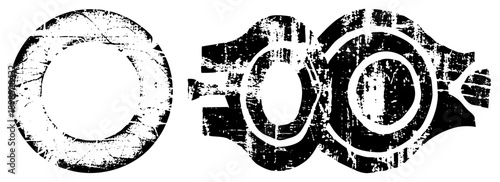 Abstract black and white vector shapes with worn texture, circular forms, mechanical motifs, graphic design elements, stylized.