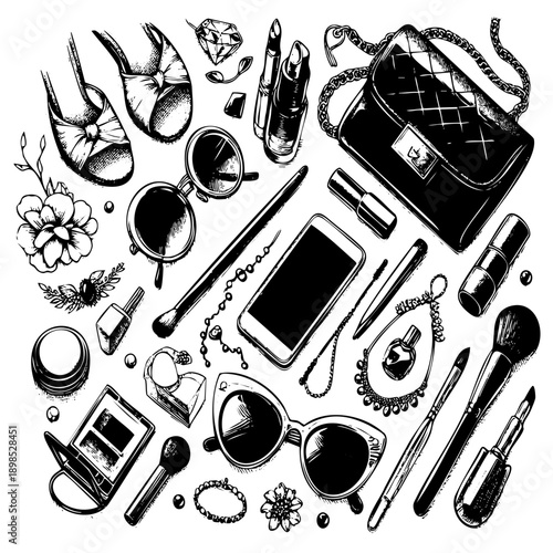 Designer handbag ballet flats sunglasses makeup jewelry phone arrangement on white background. What in my bag illustration for fashion blogger content