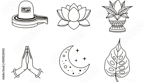 A collection of Hindu and Buddhist symbols on a white background