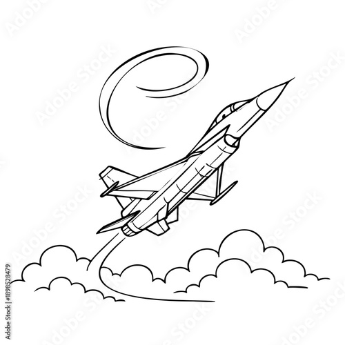 Combat airplane flying through clouds with spiral trail on white background. Aviation illustration for boys coloring and air force themed content
