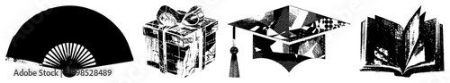 Black and white vector folding fan, wrapped present, academic cap, open book. Classic symbols of celebration, education, and tradition. graphic design elements.
