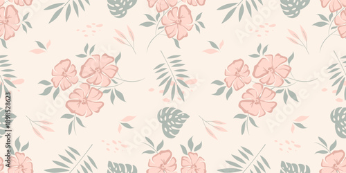 Vintage Peach Rose and Tropical Monstera Leaf Seamless Pattern Design
