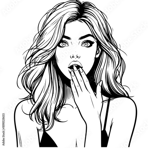 Portrait of a beautiful girl with long wavy hair looking shocked and surprised, covering her mouth with her hand. Black and white ink drawing in comic book pop art style.