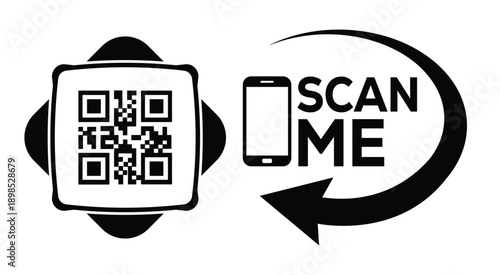 Black and white QR code with bold "SCAN ME" text, smartphone icon, and curved arrow—ideal for mobile interaction, digital marketing, and tech-themed promotional materials.