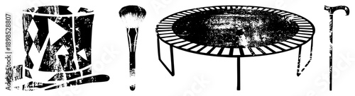 Graphic set of beauty tools and recreational equipment, including makeup brush,, and hat, rendered in gritty with worn texture, ideal for retro or urban design projects.