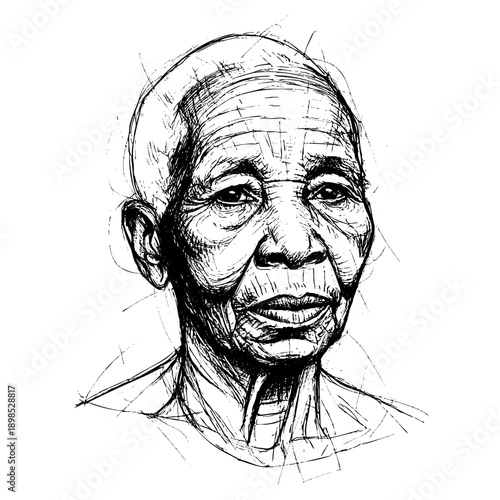 Deeply expressive hand-drawn portrait of an old person with detailed wrinkles. Black and white ink sketch representing aging, character, and humanity.