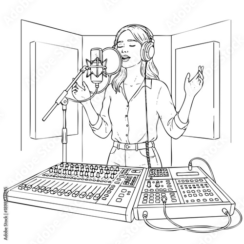 Young woman in headphones singing into a professional microphone at a recording studio with a sound mixing board. Detailed black and white vector line art for music and podcast themes.