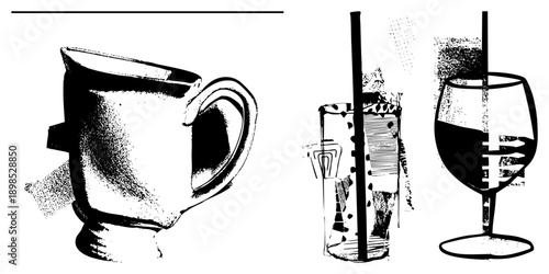 Classic ceramic mug with handle, cocktail glass with straw, wine glass with liquid, all rendered in halftone dot, vector illustration, isolated beverage containers.