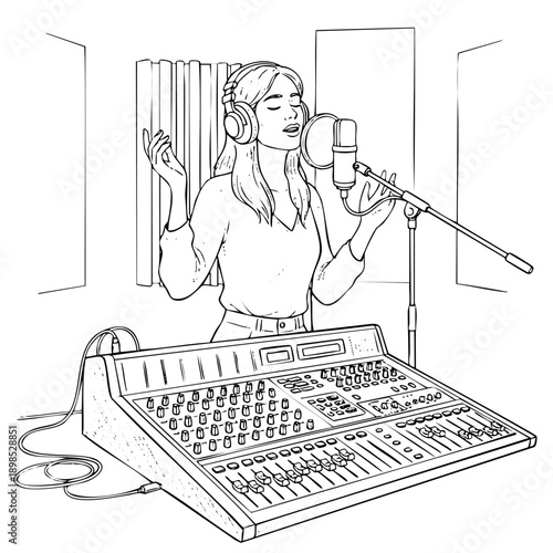 Professional woman singer recording vocals in a soundproof studio with a mixing console. Clean black and white vector illustration for music, radio, and podcasting themes.