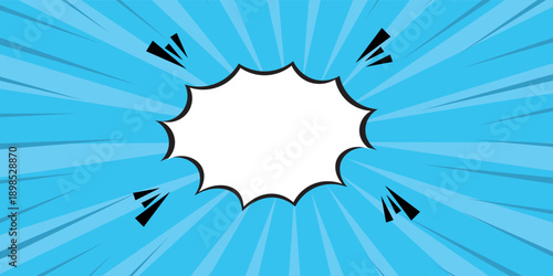 Pop art halftone background. Comic starburst pattern. Blue banner with star speech bubble. Vintage duotone texture. Gradient wow design. Cartoon superhero print. Vector illustration.