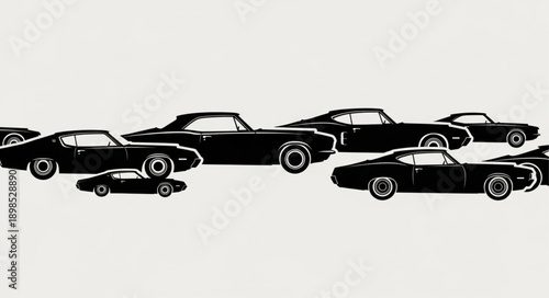 Classic American Muscle Cars Lined Up Side By Side.