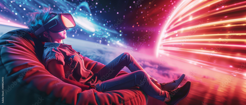 Fototapeta premium Young woman wearing VR headset, relaxing on a beanbag while immersed in a colorful space simulation with stars and planets.