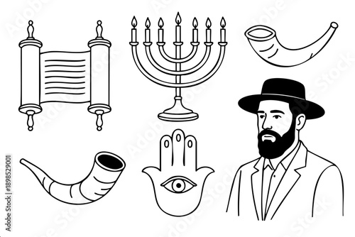 Detailed black and white vector illustration set featuring a Torah scroll, Menorah, Shofar, Hamsa hand, and a man in a traditional hat. Symbols of Jewish faith and culture.