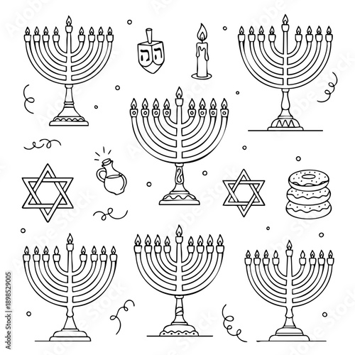 Comprehensive set of Hanukkah symbols featuring various menorah designs, dreidel, Star of David, donuts, and oil jug. Simple black and white vector line art for the Festival of Lights.