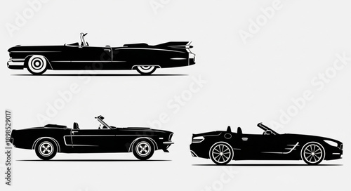 Classic and Modern Convertible Cars Silhouette Collection.