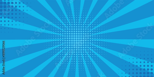 Pop art blue radial comics book cartoon magazine cover. Cartoon funny retro strip. Vector halftone illustration. Vintage backdrop for comic superhero text, speech bubble, message.