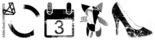 Distressed black and white vector including calendar with number 3, high heel shoe, abstract geometric forms, and stylized cat like figure with textures.